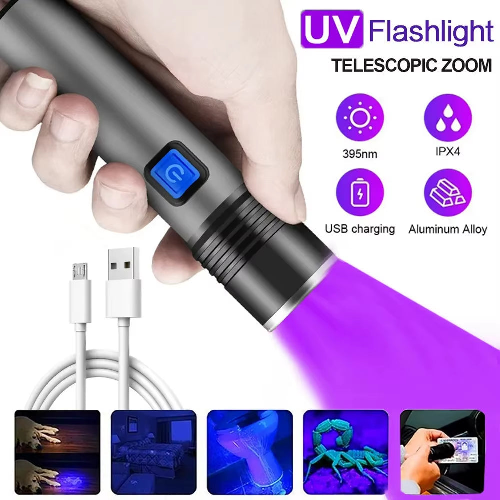 395Nm UV Flashlight Blacklight Zoomable USB Rechargeable UV Light Ultraviolet Flashlight for Pet Urine Detector Resin Curing