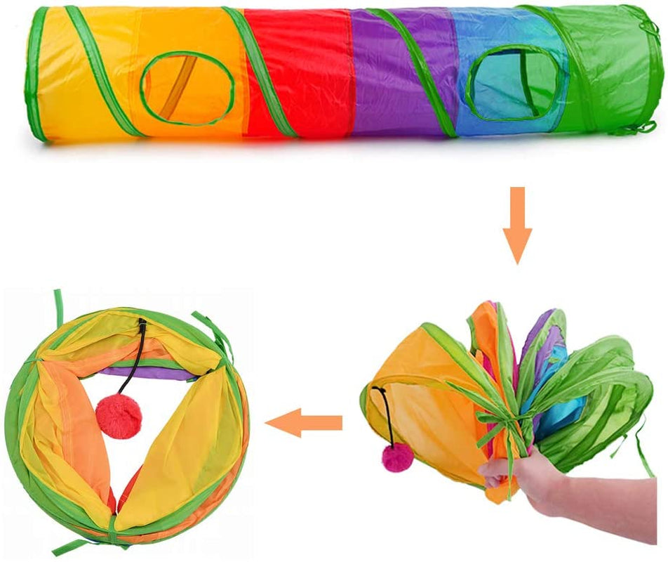 Andiker Cat Tunnel for Indoor Cats, 45" Long Rainbow Collapsible Kitten Tube with a Fun Ball and 2 Holes Cat Play Tunnel, Rabbit Tunnel for Kittens Exercising Hiding Training and Running(Colorful)