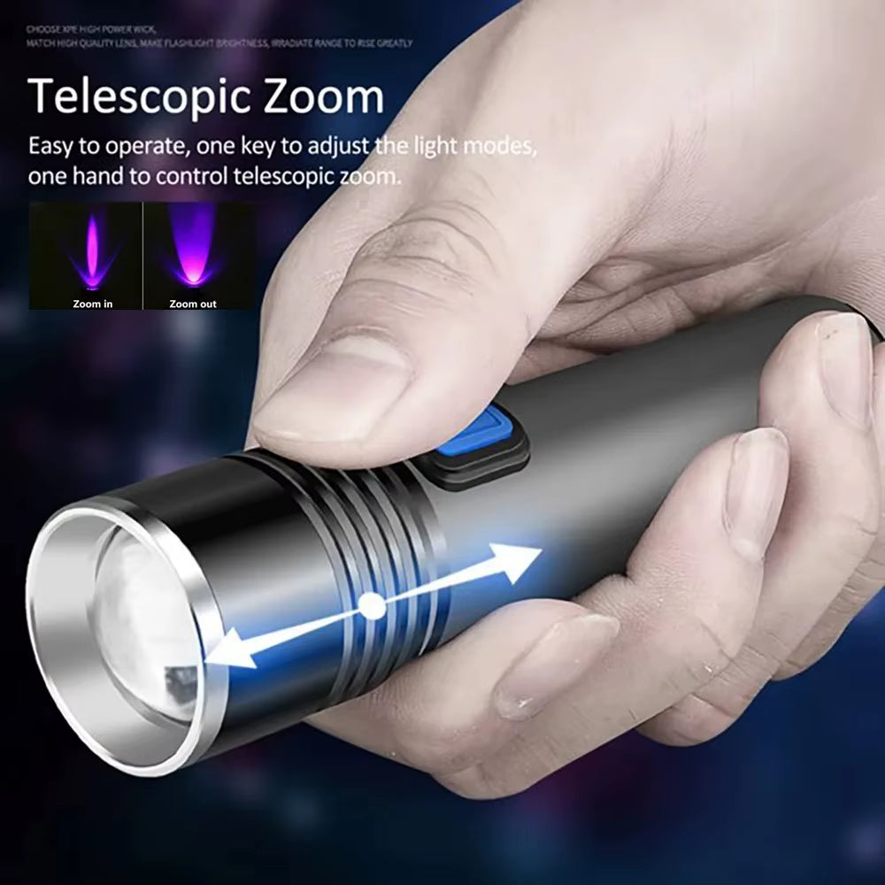 395Nm UV Flashlight Blacklight Zoomable USB Rechargeable UV Light Ultraviolet Flashlight for Pet Urine Detector Resin Curing