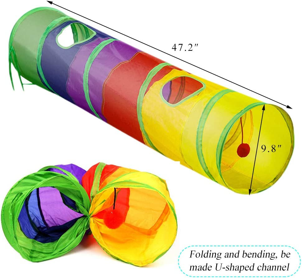 Andiker Cat Tunnel for Indoor Cats, 45" Long Rainbow Collapsible Kitten Tube with a Fun Ball and 2 Holes Cat Play Tunnel, Rabbit Tunnel for Kittens Exercising Hiding Training and Running(Colorful)