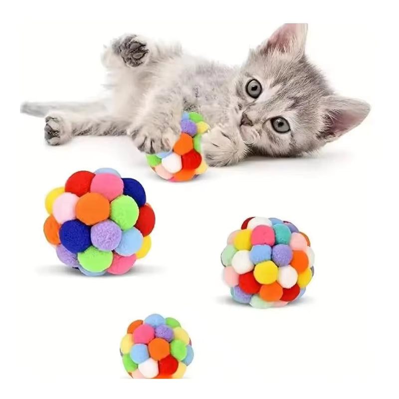 Cat Interactive Toy Plush Ball Pet Bouncy Ball Self-Play Ball Boredom Reliever Cat Teaser Colorful Yarn Ball Pet Toy
