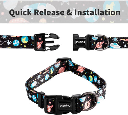 Dog Collar and Leash Set for Daily Outdoor Walking Running Training, Space Design for Small Boys Girls Dogs Cats Pets, S-Up to 20LBS